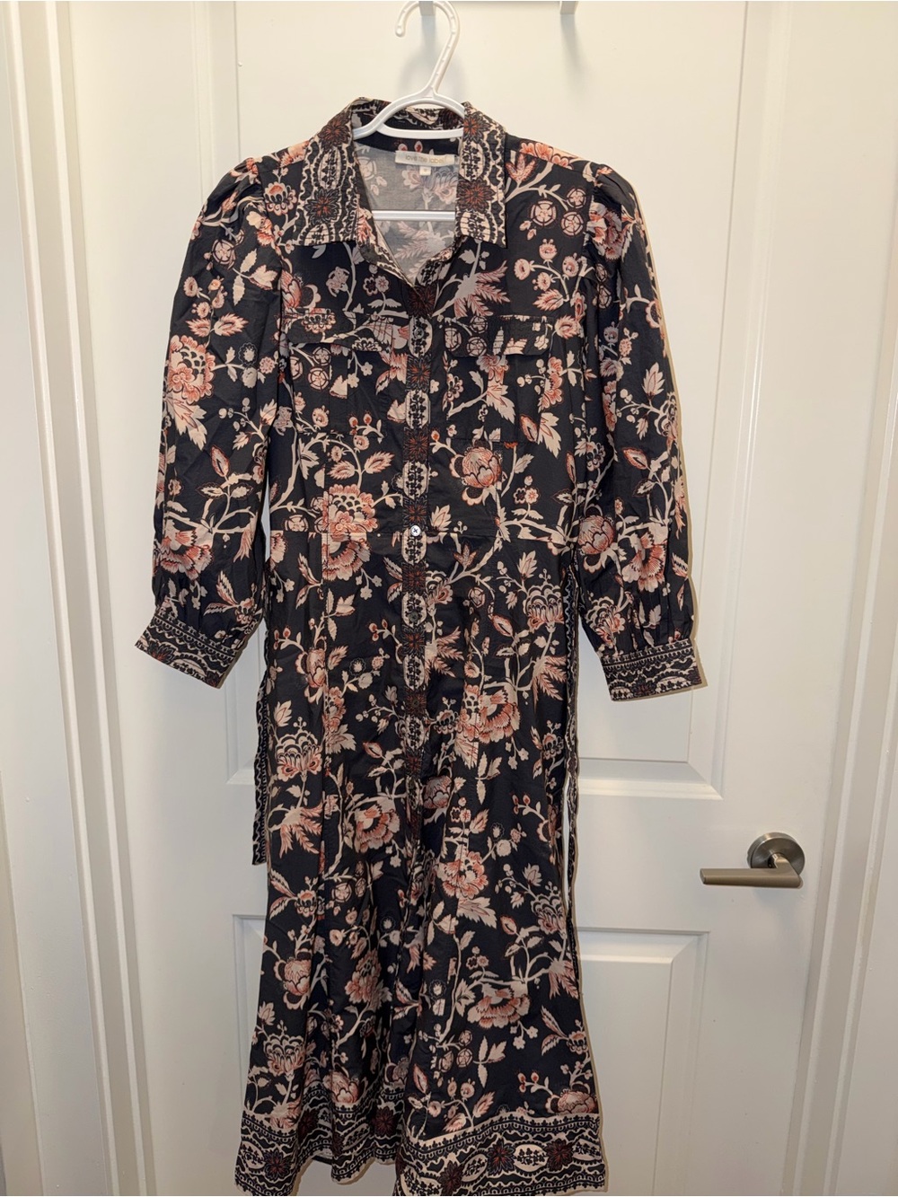 Long-Sleeve Floral Button-Front Midi Dress in Black and Blush